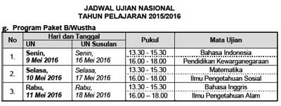 Jadwal UN Utama dan Susulan Program Paket B/Wustha  tahun 2016