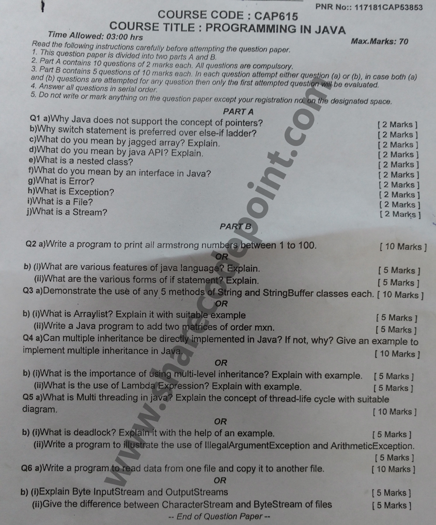 CAP615 : Programming in Java End Term Exam Question Paper - CAP 615 ...