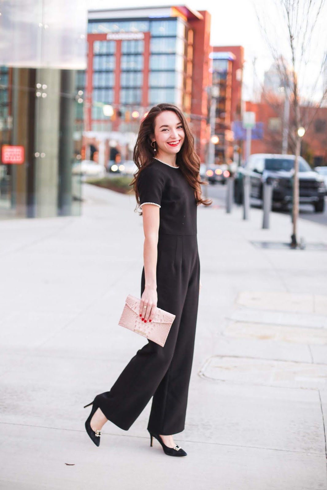 gal meets glam pearl trim jumpsuit