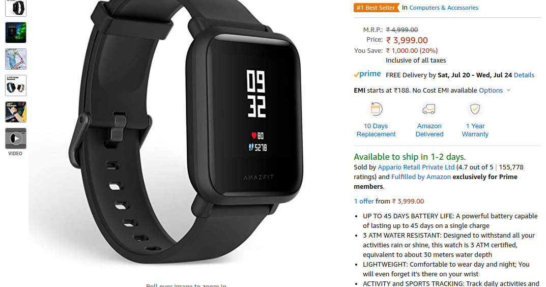 Buy Amazfit Bip Lite Smart Watch on Amazon India Price Rs 3,999