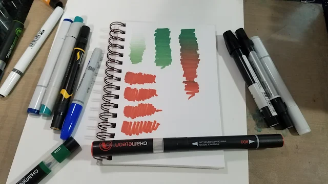 Comparison photo of Chameleon Color Tone marker, Sharpie Brush marker, Prismacolor Brush marker, Stylefile marker, Copic Sketch marker, and Chameleon Color Top