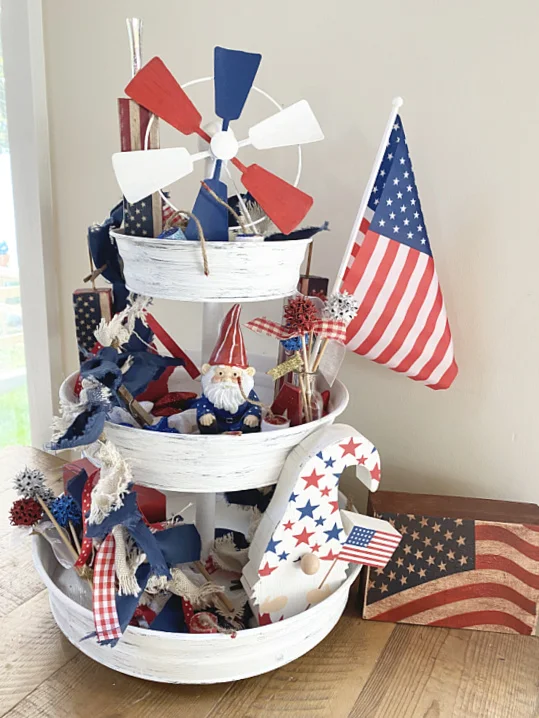 tiered tray with red, white and blue items