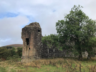 A photo of the ruined western tower of Morton Castle with a tree at the side of it and hills in the background.  Photograph by Kevin Nosferatu for the Skulferatu Project.