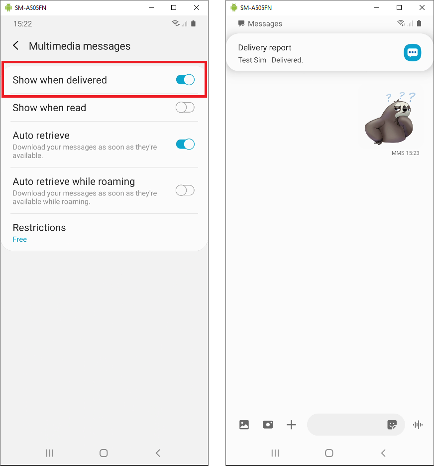 Delivery reports in Samsung Messages