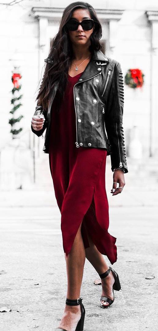 trendy outfit: leather jacket + dress + heels
