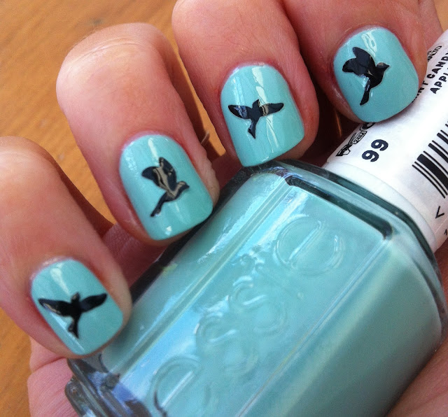 Blue Nail Art with Black Bird