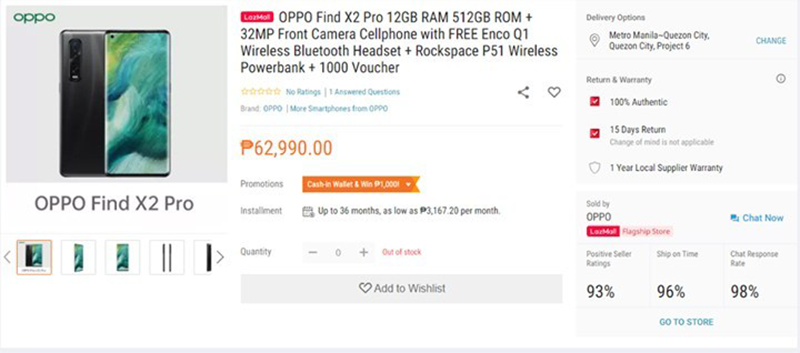 Alleged OPPO Find X2 Pro with specs and price listed early at Lazada