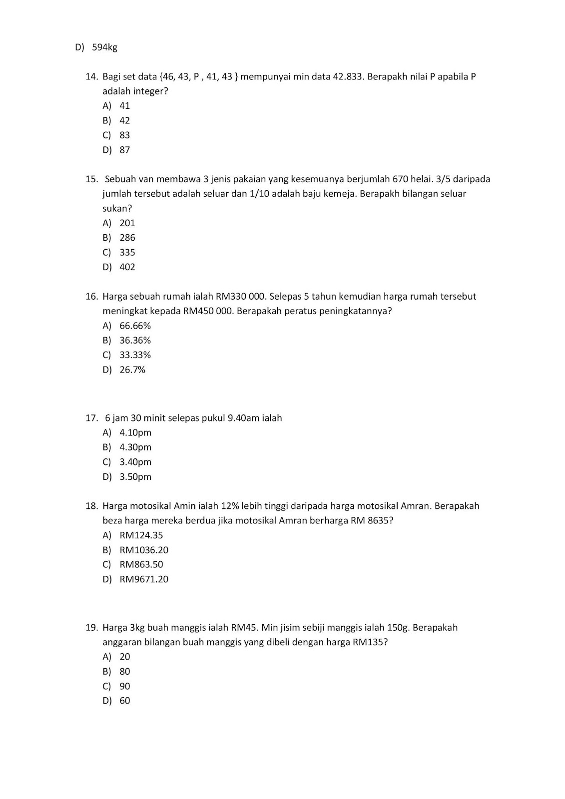 Contoh Soalan Peperiksaan SPA Pembantu Perangkaan E19 2019