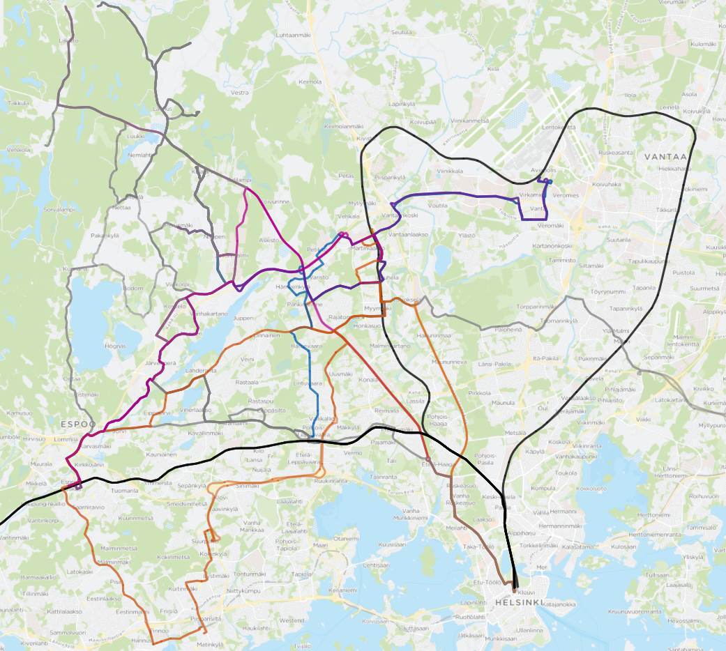 Hämeenlinnanväylän ja Vihdintien linjastosuunnitelma: Linjastoluonnos   Espoo