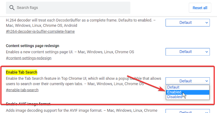 enable tab search feature chrome