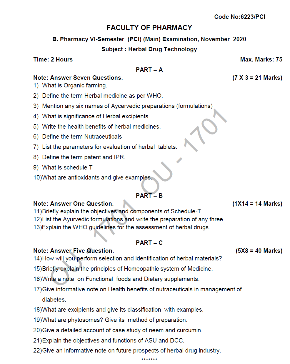 Osmania University B. Pharmacy VISemester (PCI) (Main) Subject Herbal Drug Technology