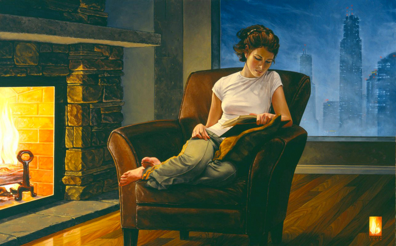 Сидящая женщина с книгой. Брайан Ларсен (Bryan Larsen). Брайан Ларсен художник. Современный американский художник Брайан Ларсен. Камин и кресло качалка.
