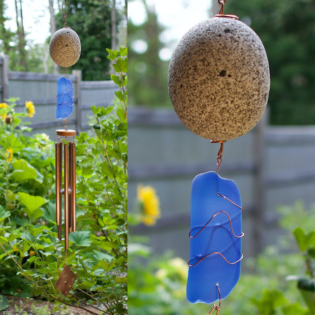 Beach stone, cobalt blue glass, large outdoor copper wind chime