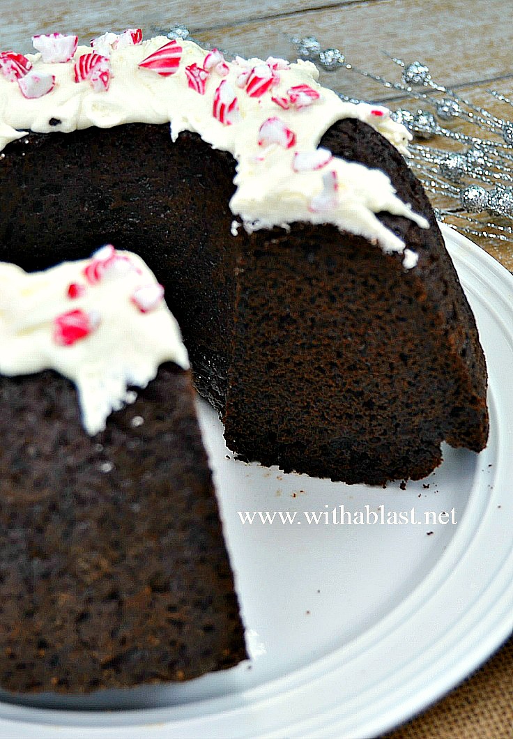 Chocolate Pound Cake ~ Super moist Chocolate Pound Cake with a to-die-for Frosting and decorated for Christmas {which can be changed to suit any occasion} #PoundCake #ChocolateCake #Christmas www.withablast.net