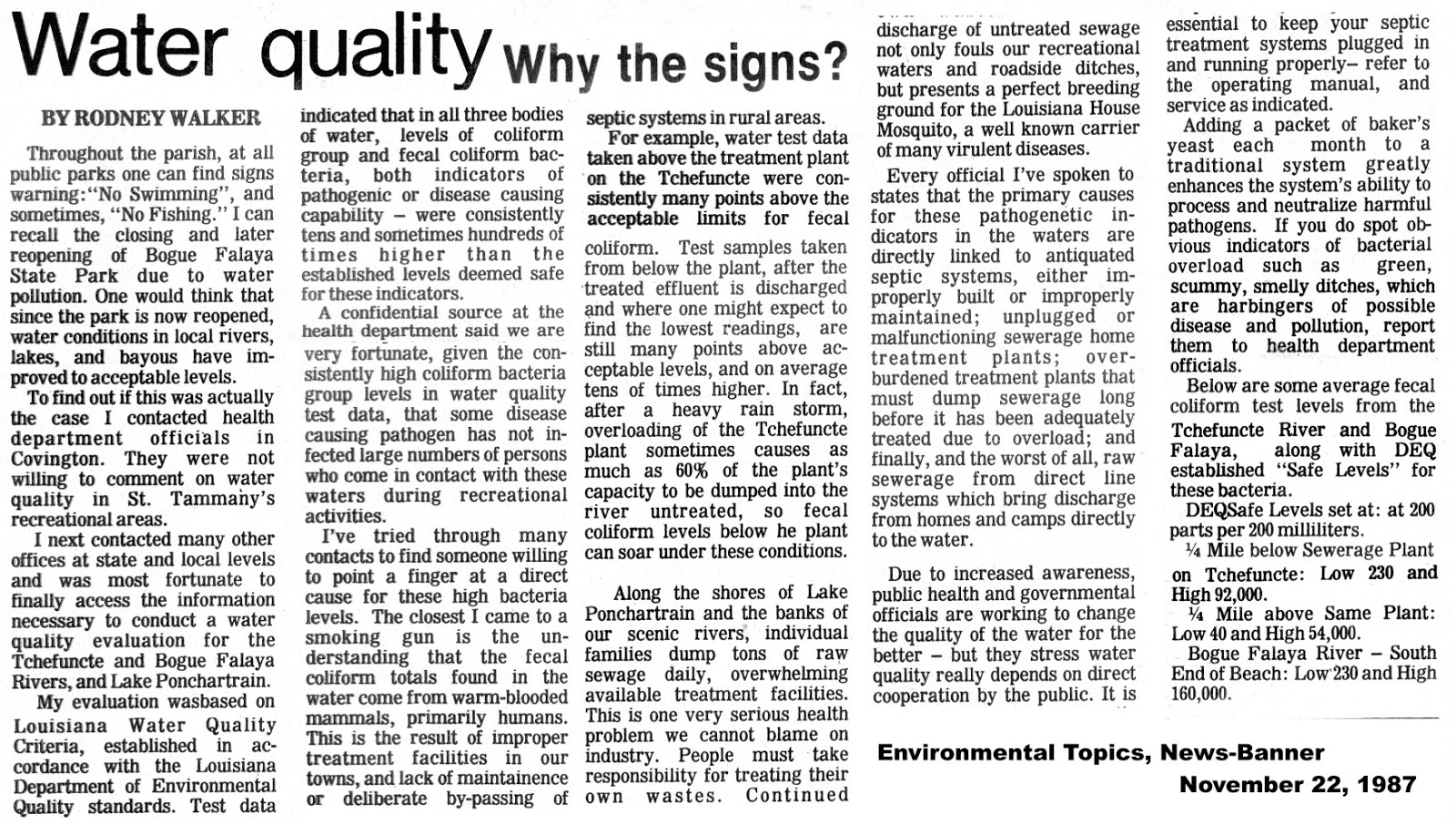 Tammany Family Water Quality Concerns 1987