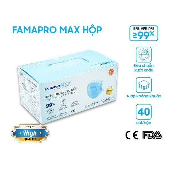 [HỘP-40 CÁI] Khẩu trang y tế cao cấp 4 lớp kháng khuẩn Famapro max