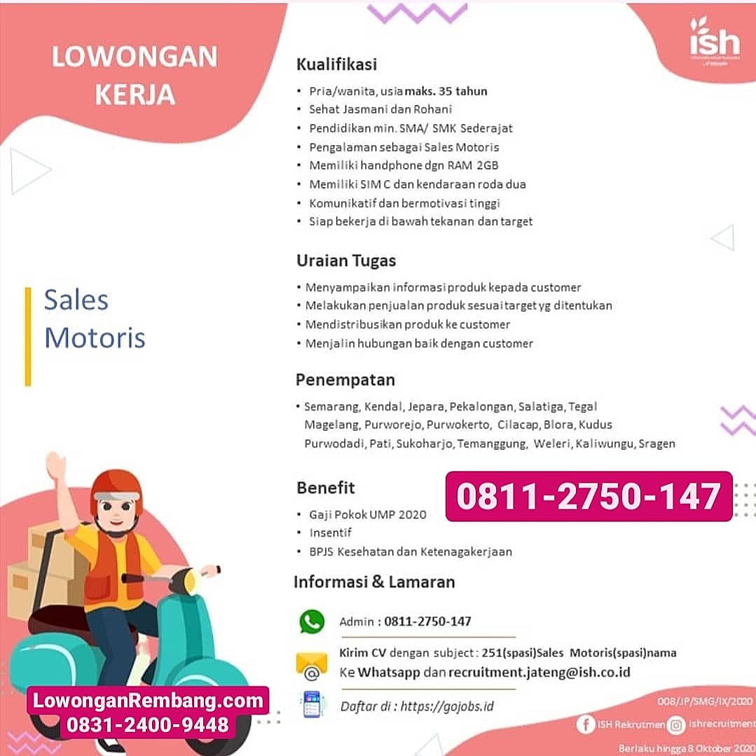 Lowongan Kerja Sales Motoris Pt Infomedia Solusi Humanika Area Jateng Dapat Gaji Ump 2020 Insentif Bpjs Kesehatan Ketenagakerjaan Lowongan Rembang