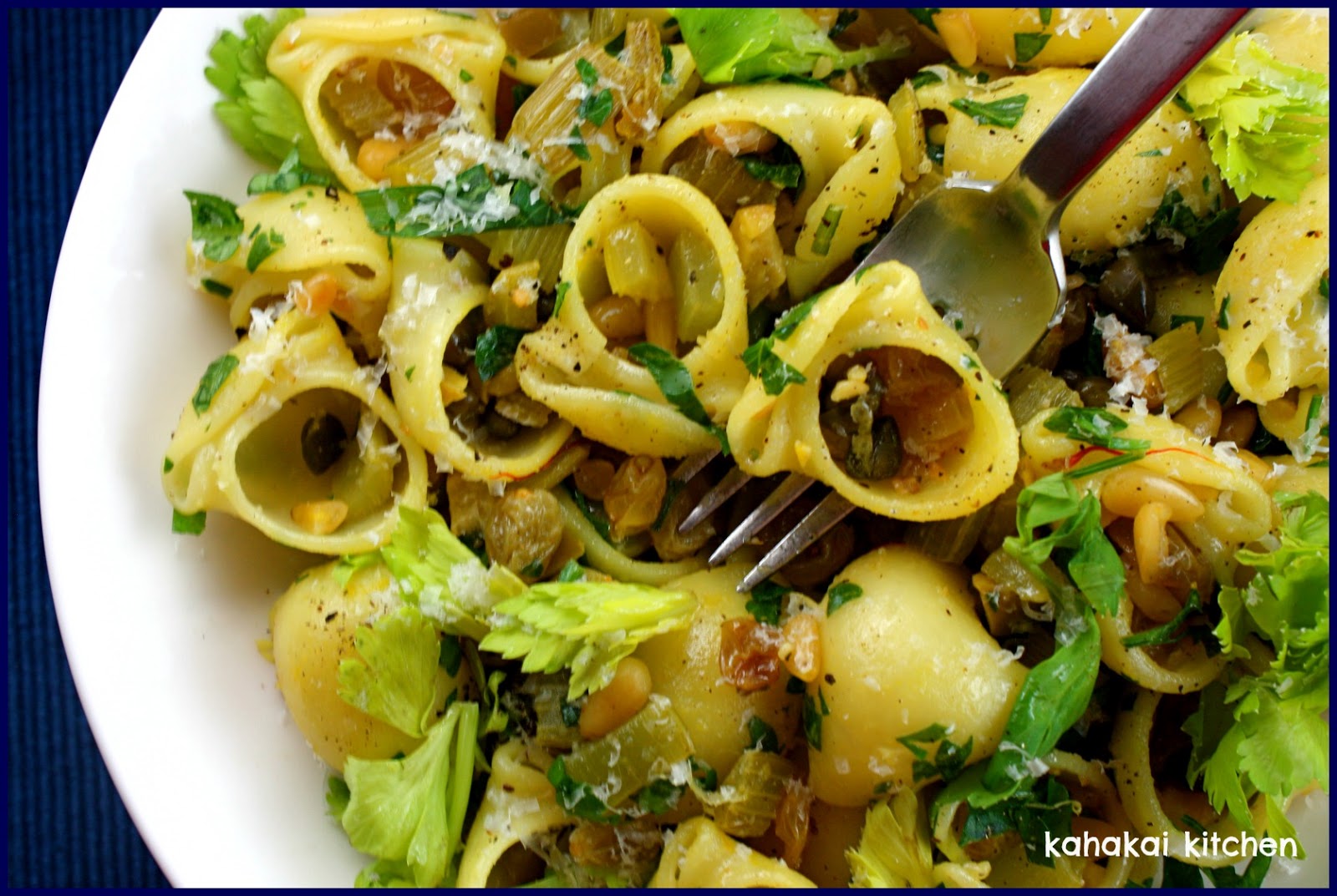 Kahakai Kitchen Lumache (Pasta) with Saffron, Capers and Raisins