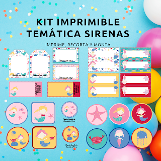 Kit, imprimible, fiesta, cumpleaños, sirenas, decoración, eventos