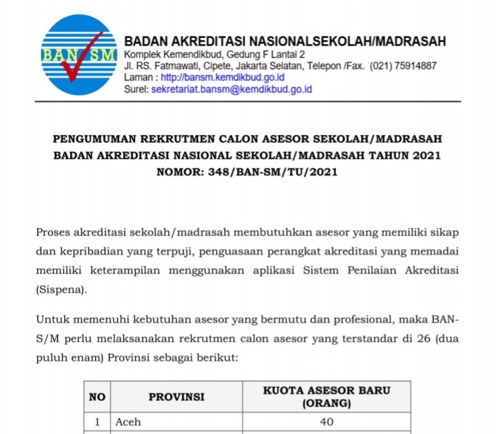 Jagoan Banten Ban Sekolah Madrasah Buka Rekrutmen Calon Asesor 2021 Berikut Persyaratan Jadwal Dan Kuota Tiap Provinsi