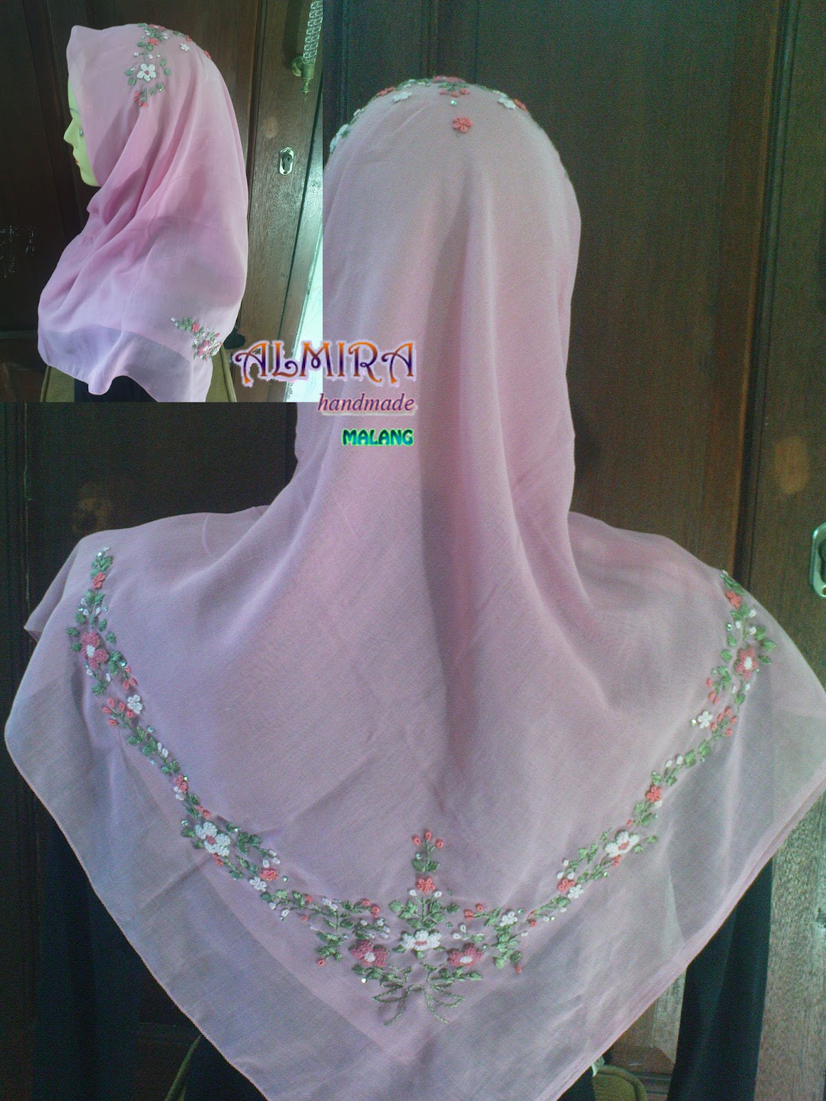 Jilbab Sulam  Rajut Almira Handmade Motif Sulam Bunga  