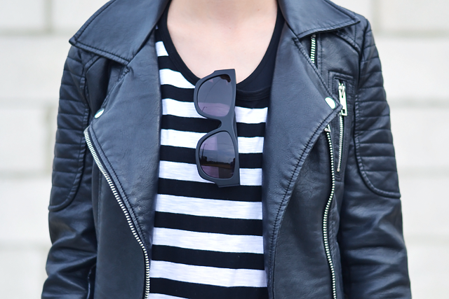 Outfit, ootd, zara leather jacket, 2014, Mango, black and white, stripe t-shirt, zara joggers, grey wool, cuff, one star sneakers, converse, alexander wang x h&m sunglasses, street style, sportive, summer 2015