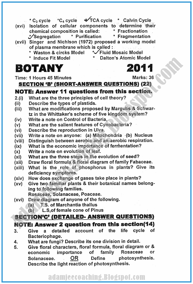 Adamjee Coaching Botany 2011 Past Year Paper Class XI