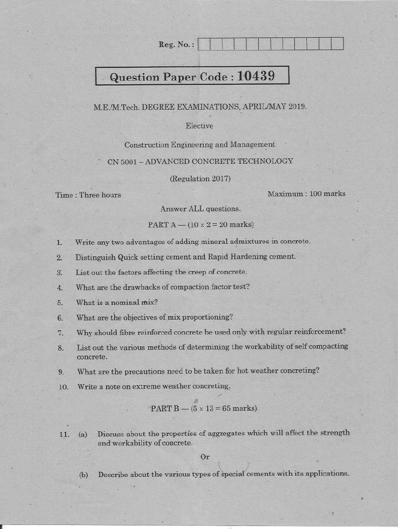 Anna University CN 5001ADVANCED CONCRETE TECHNOLOGY APRIL MAY 2019 Question Paper University