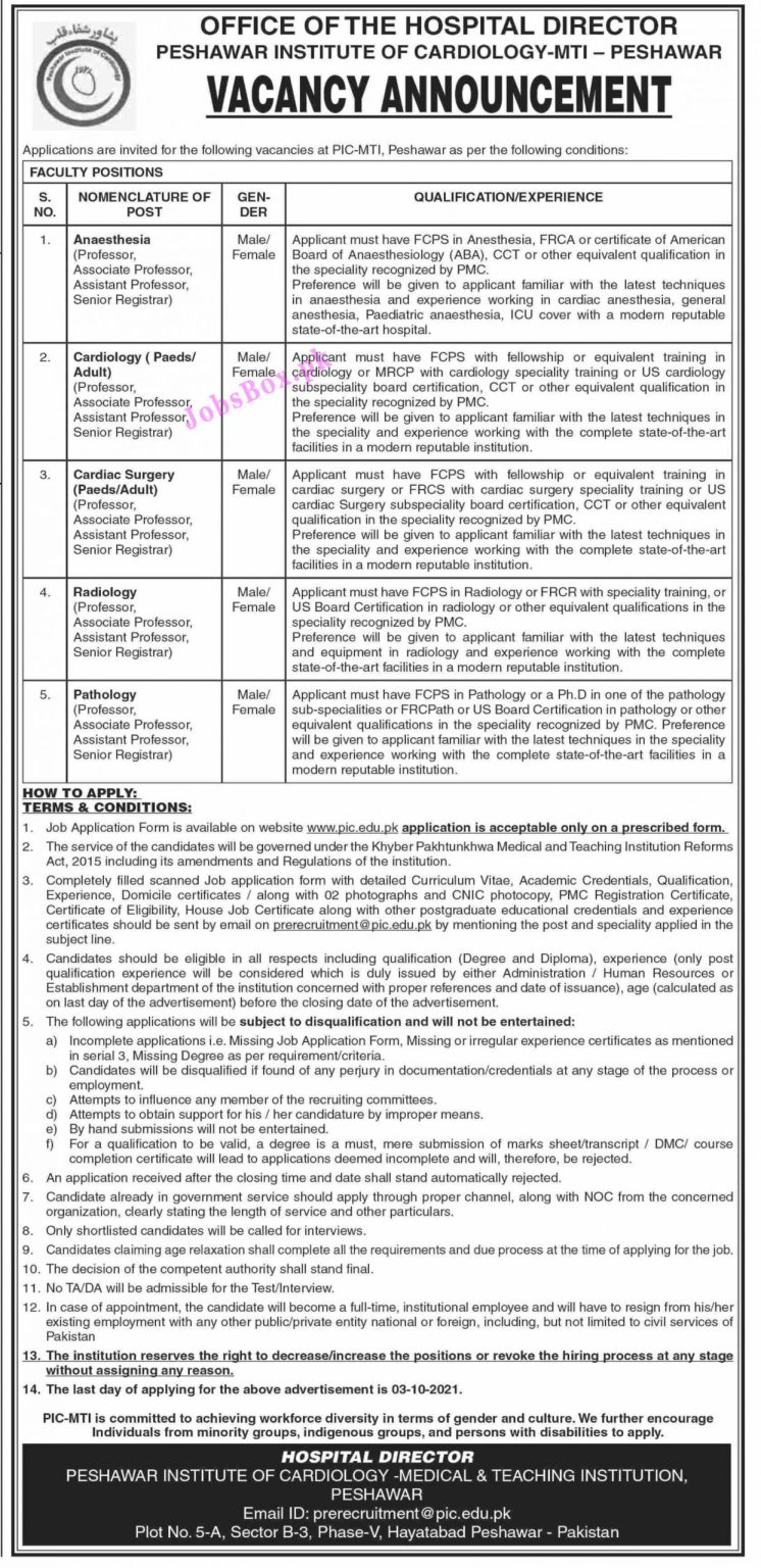 prerecruitment@pic.edu.pk - PIC Peshawar Institute of Cardiology Jobs 2021 in Pakistan