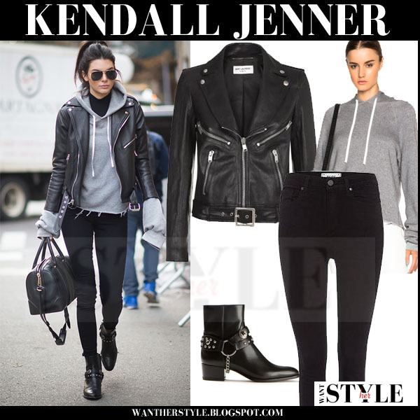 Kendall Jenner in black leather jacket and grey hooded sweatshirt in ...