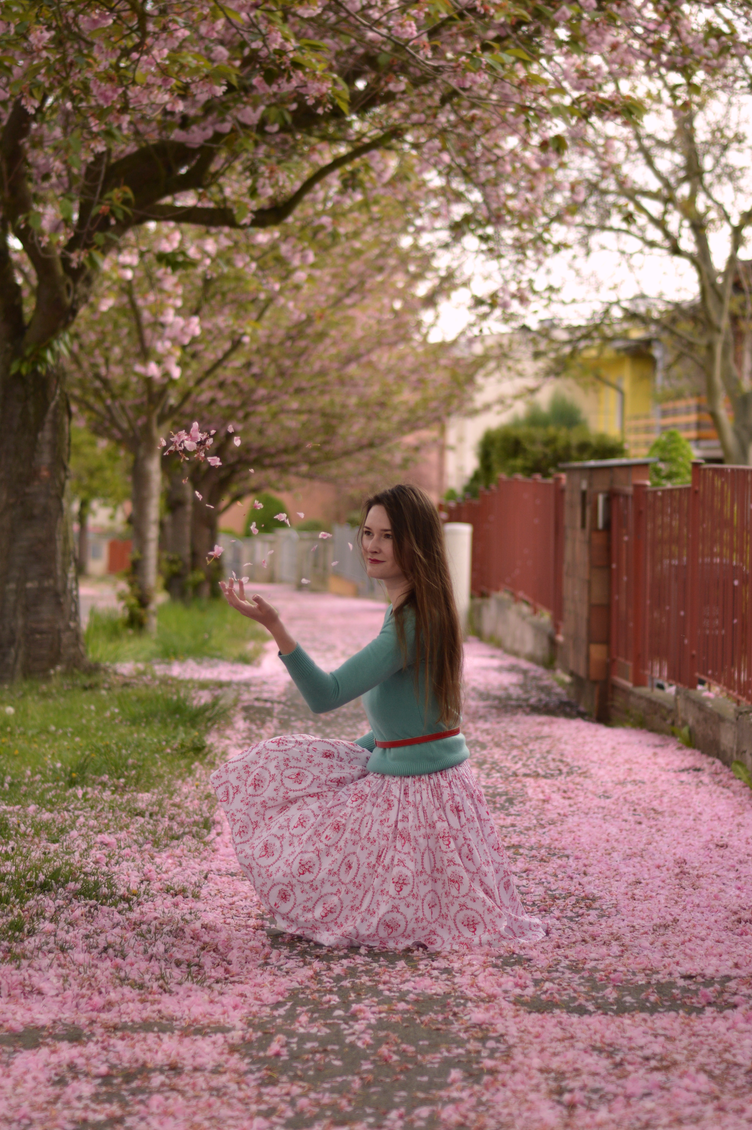 cherry blossom season, georgiana quaint, handmade summer dress, vintage cashmere sweater, mint converse shoes
