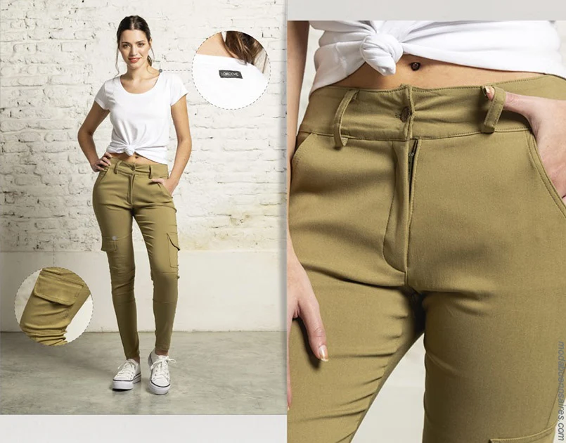 Moda primavera verano 2020 pantalones cargo de colores para mujer.