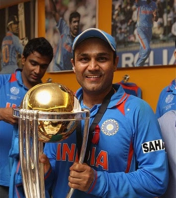 Virender Sehwag Holding the World Cup
