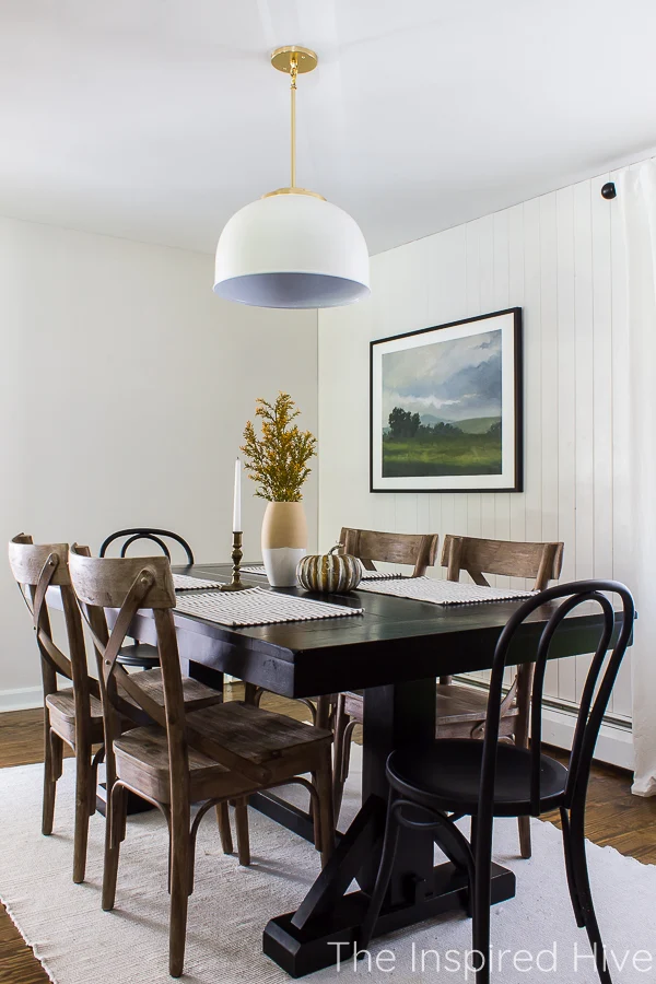 Modern farmhouse dining room with simple fall centerpiece
