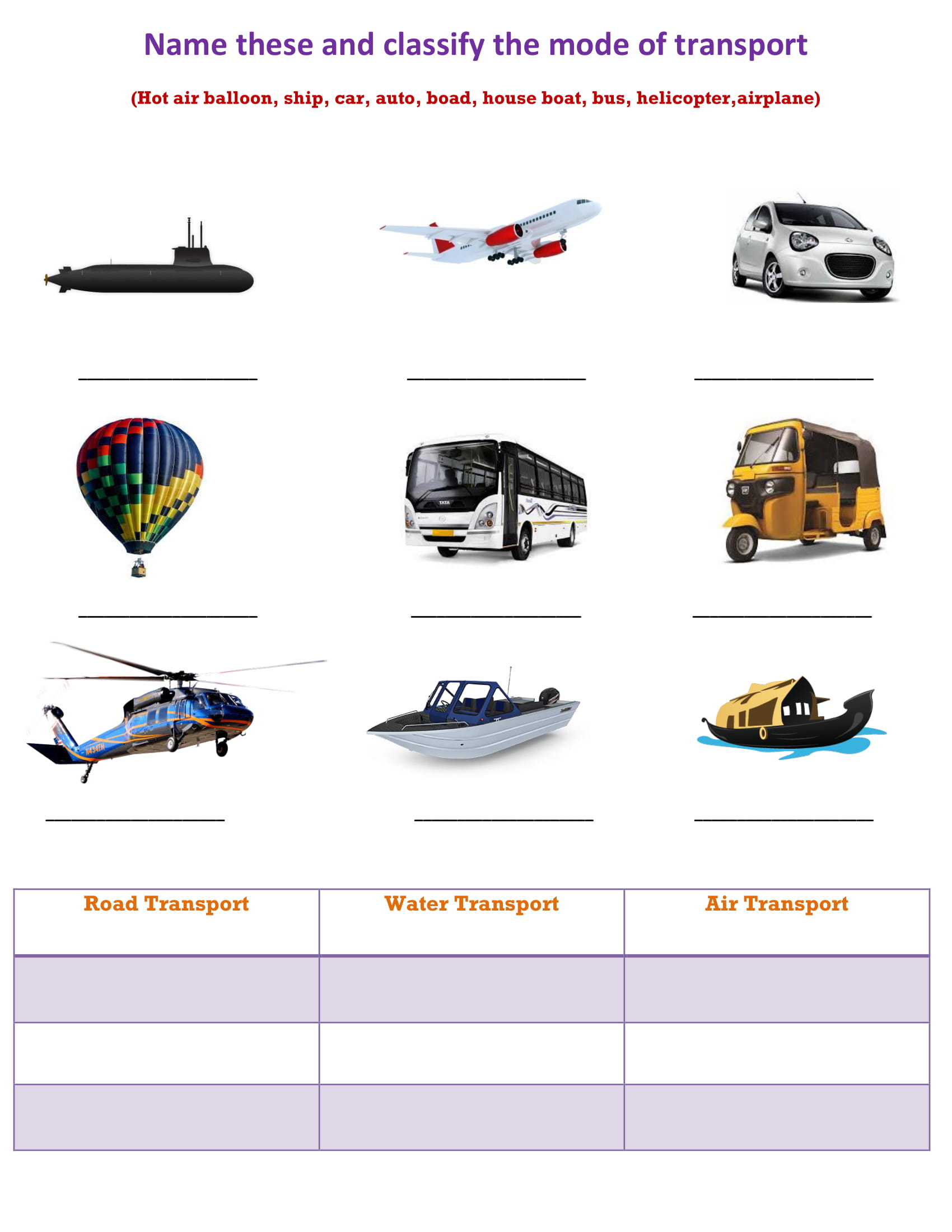 worksheets Name And Classify The Mode Of Transport