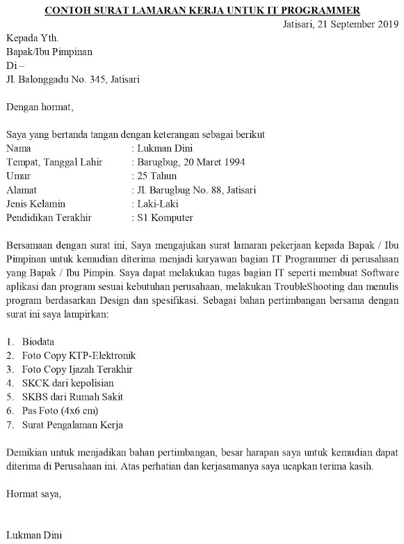 Contoh Surat Lamaran Kerja Di Kospin Jasa