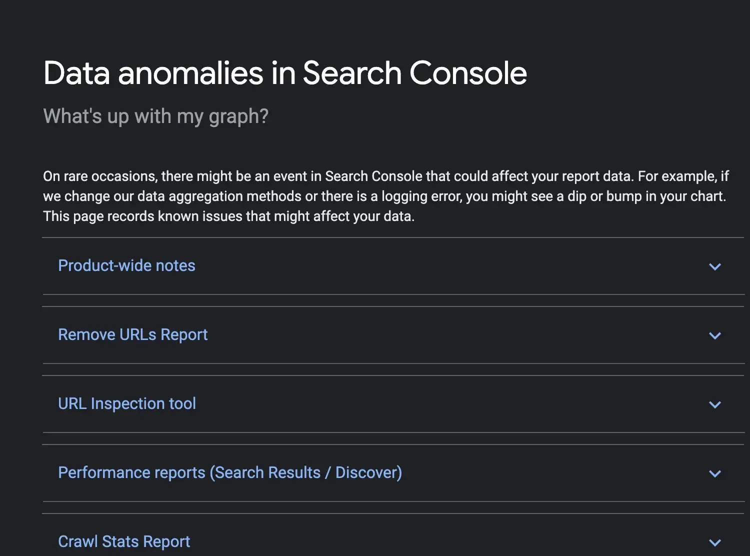 لقطة شاشة من صفحة  Data anomalies in Search Console بالإصدار الغامق على مركز مساعدة مشرفي المواقع