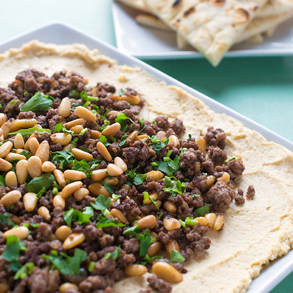 Hummus with Ground Lamb and Toasted Pine Nuts Recipe | LEBANESE RECIPES