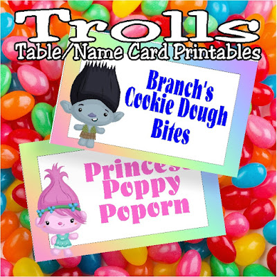 Throw a fun Trolls birthday party with these free printable Trolls table cards.  You'll get six different troll characters in tent shaped tables cards that are perfect for indoor or outdoor parties.