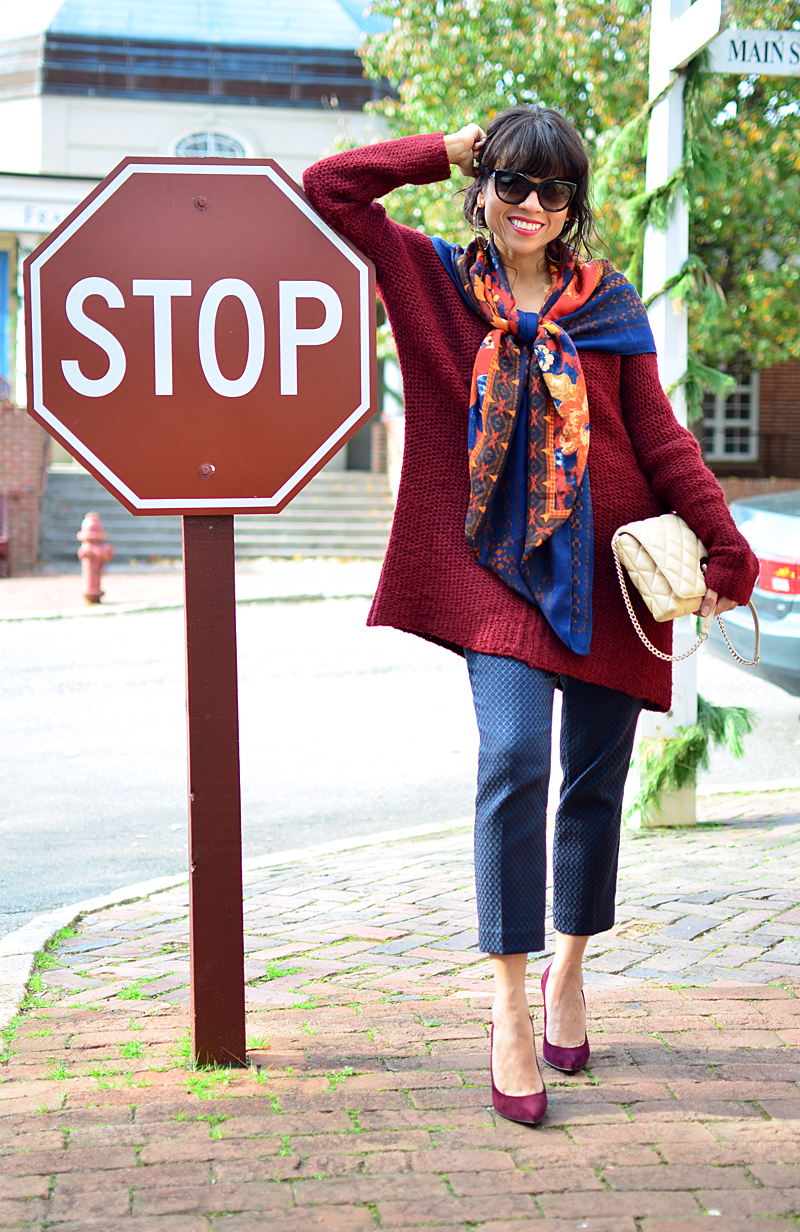 Burgundy with navy street style 