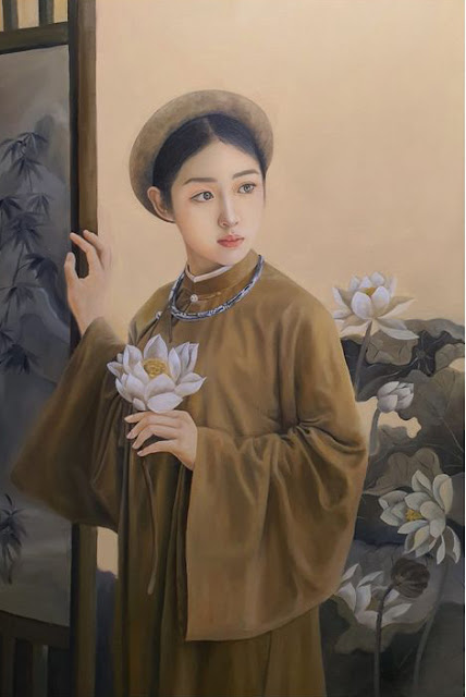 tranh sơn dàu thiếu nữ áo dài