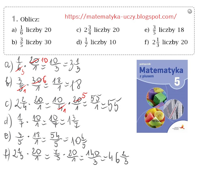 Zad. 1 i 2 str. 91 "Matematyka z plusem 5" Obliczanie ułamka z danej liczby