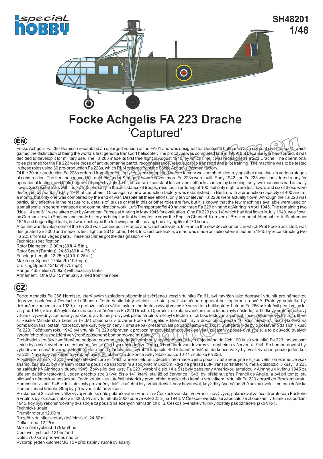 SH48201 Focke Achgelis FA 223 Drache ‘Captured’ in 1/48 - box content