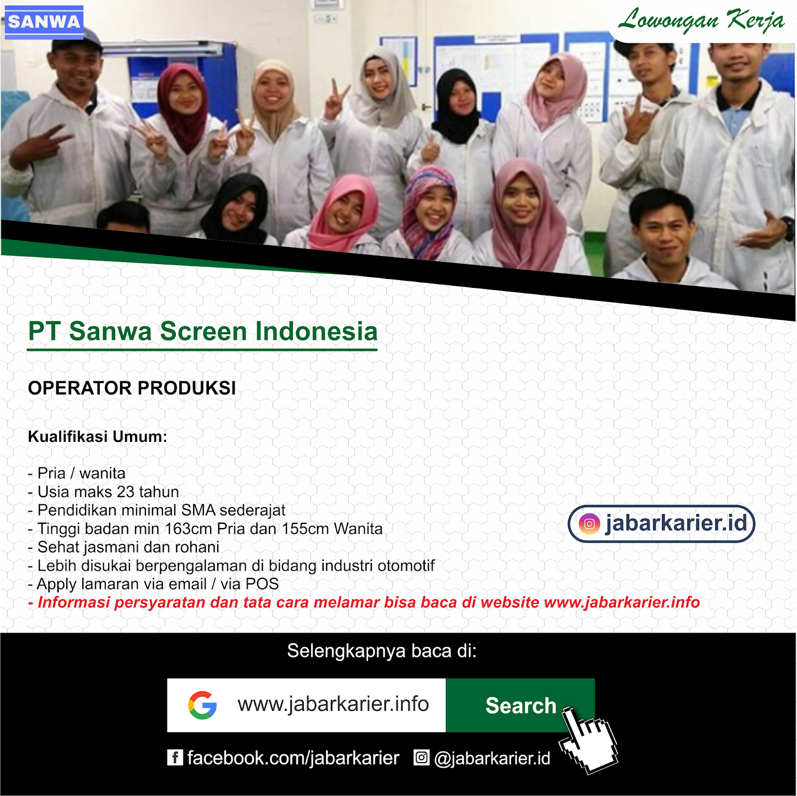 Lowongan Operator Produksi PT Sanwa Screen Indonesia Tahun