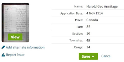 Screen capture of the record page for Harold Geo Armitage in the Manitoba, Saskatchewan and Alberta, Canada, Homestead Grant Registers, 1872-1930 collection on Ancestry.