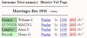 Screen capture of Marriages Dec 1911 results for a search for Henry Pocock in the FreeBMD index.