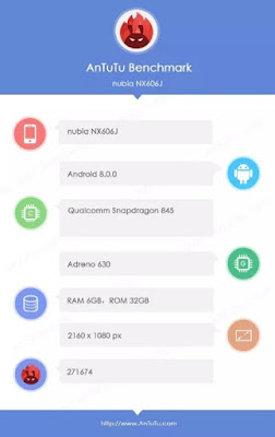 Nubia NX606J with Snapdragon 845,6GB RAM leaked on AnTuTu