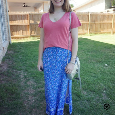 awayfromtheblue Instagram | raspberry pink tee with ally fashion blue floral maxi skirt silver accessories mum style