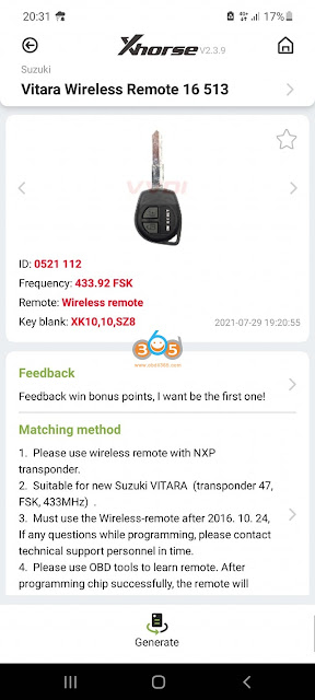 xhorse generate Suzuki Vitara 2018 ID47 remote