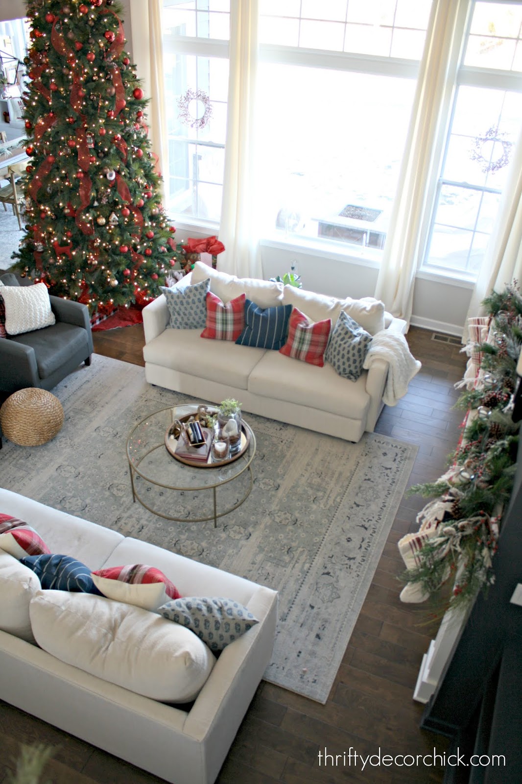 Two story great room with 12 foot tree